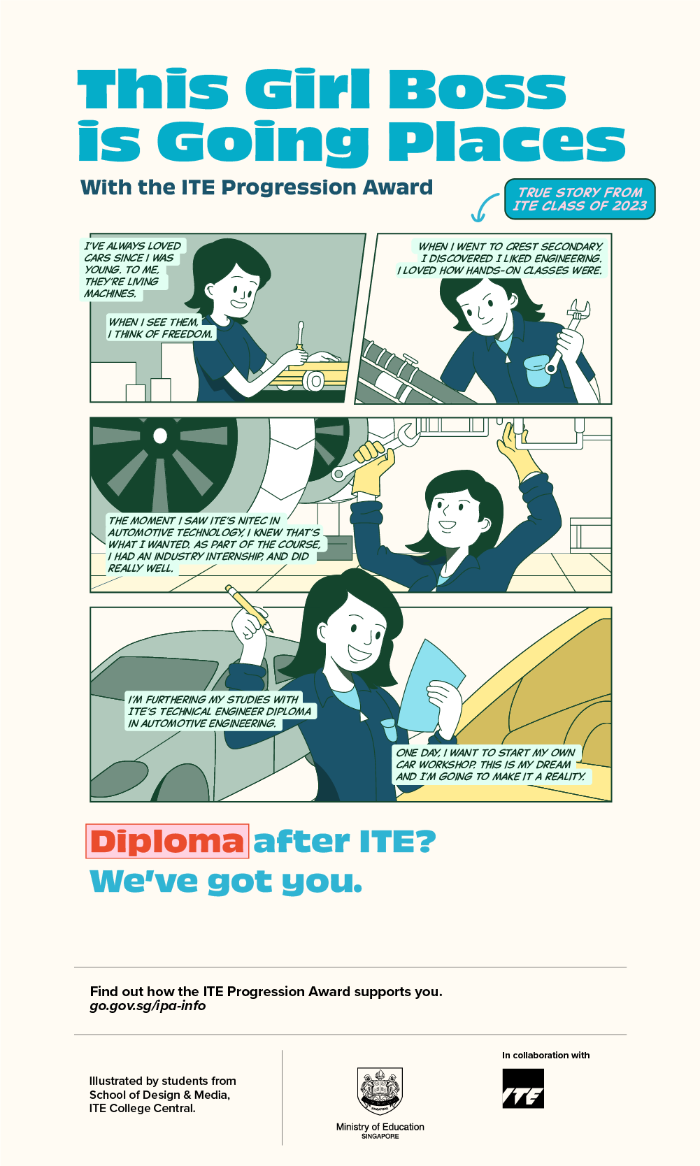 Poster titled 'This Girl Boss is Going Places' shows a comic of a student progressing from ITE to a diploma in automotive engineering, supported by the ITE Progression Award.