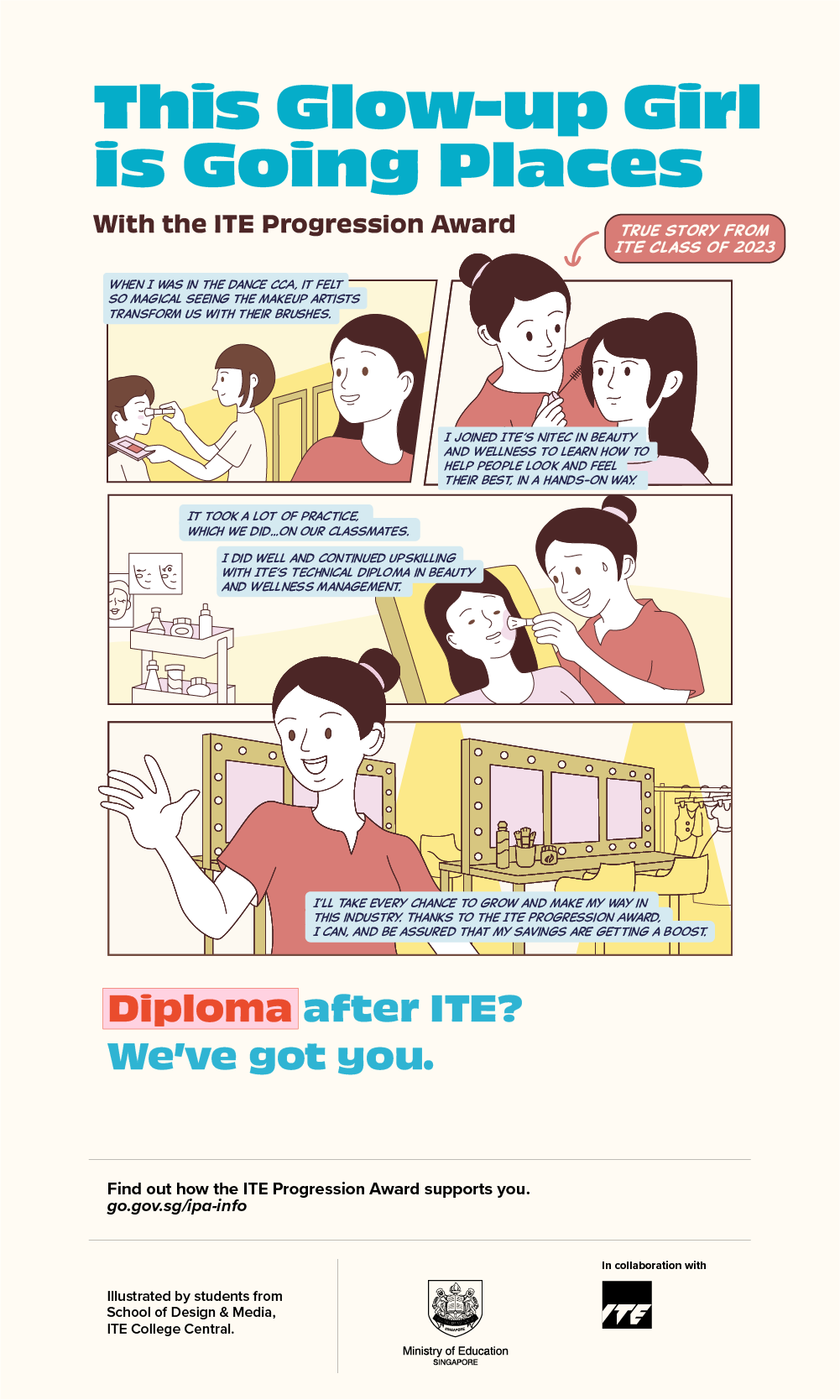 Poster titled 'This Glow-up Girl is Going Places' shows a comic of a student pursuing beauty and wellness in ITE and progressing to a diploma with support from the ITE Progression Award.