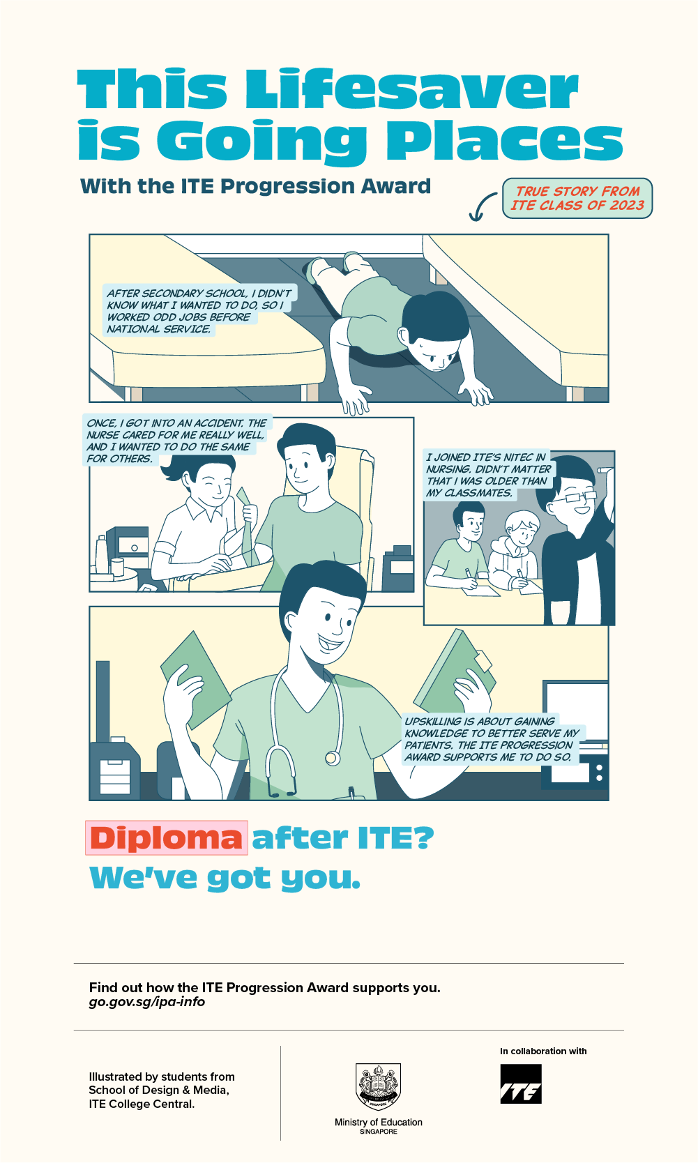 Poster titled 'This Lifesaver is Going Places' shows a comic of a student inspired by a nurse to pursue ITE Nursing and progress with the ITE Progression Award to better serve patients.