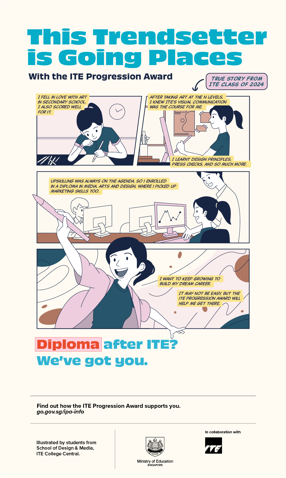 Poster titled 'This Trendsetter is Going Places' shows a comic of a student pursuing a diploma in media, arts and design after ITE, supported by the ITE Progression Award.