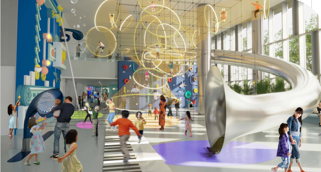 Children's gallery at the new Science Centre feature interactive exhibits, play structures, and spiral slide.