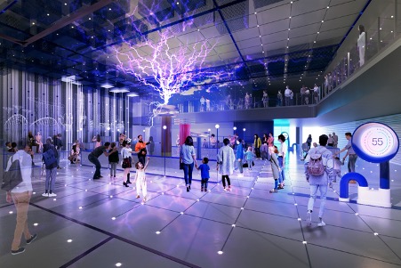 Interactive gallery exhibit with glowing tree-like lightning feature in the new Science Centre.