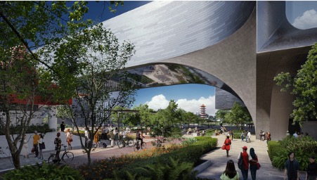 Arrival view of the new Science Centre from MRT, showing pathway, archway, and nearby garden attractions.