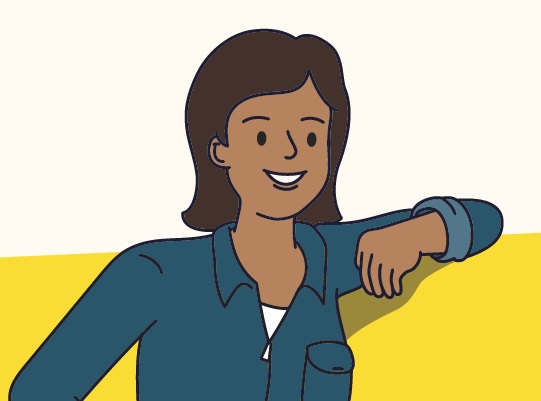 Cartoon woman smiling and leaning on a yellow surface