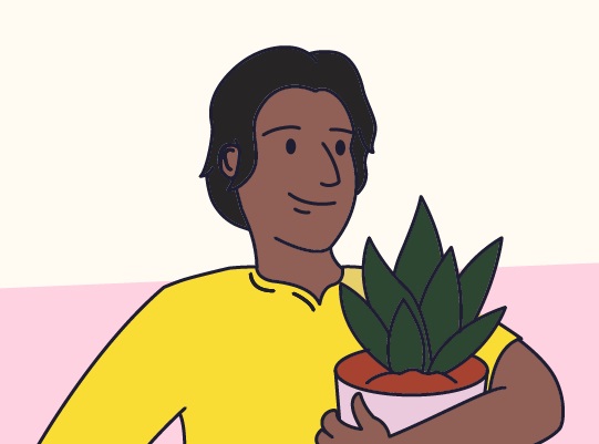 Cartoon man holding a potted plant with green leaves.
