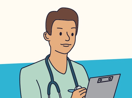 Cartoon doctor holding a cliboard and pen, wearing a stethoscope around the neck