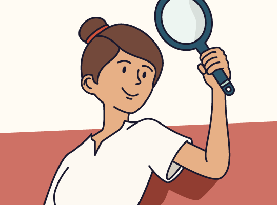 cartoon woman with brown hair in a bun holding a mirror