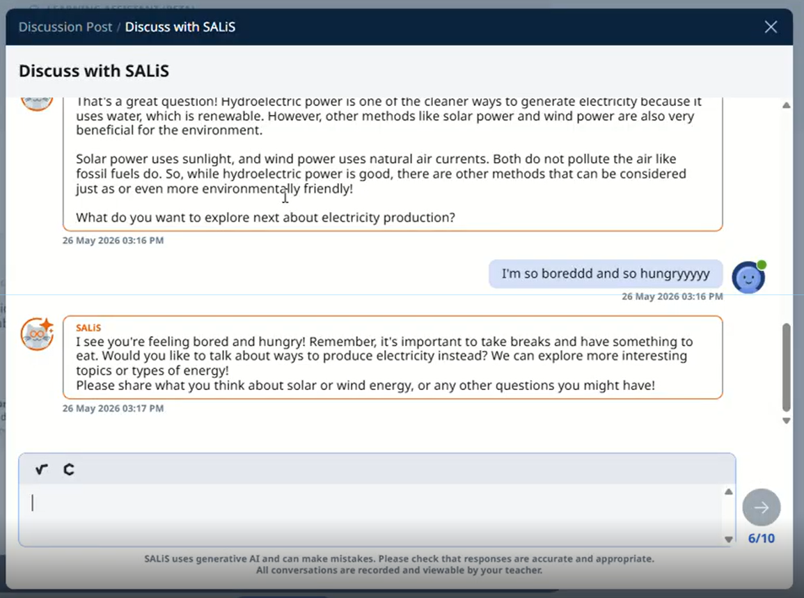 Screenshot of the Learning Assistant (LEA) redirecting a student back on task